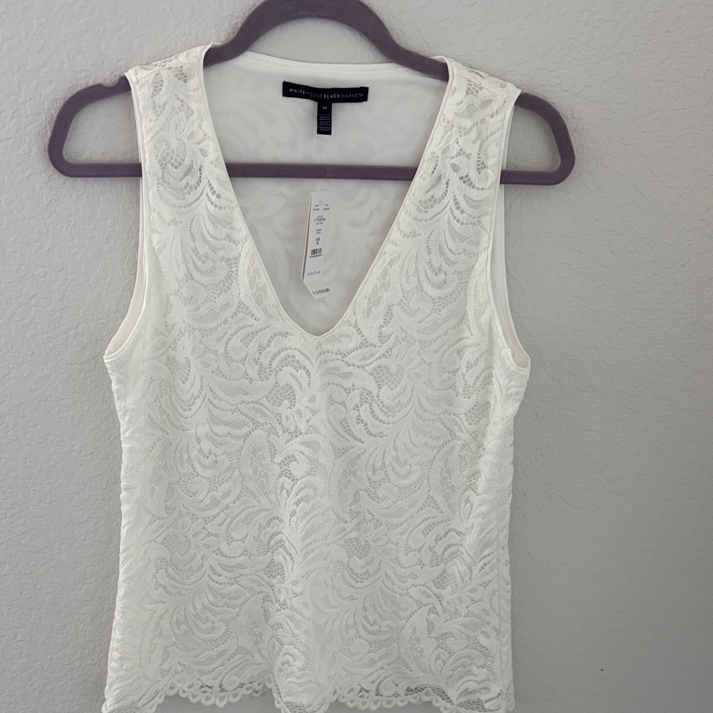 White House Black Market White Lace V-Neck Top
